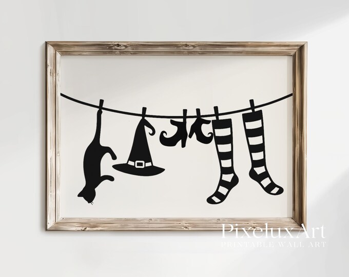 Witch Laundry Wall Art – Spooky Black Cat, Witch Hat, Shoes…