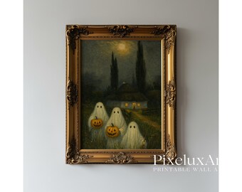 Ghosts with Pumpkins Wall Art – Spooky Vintage Halloween Printable, Haunted Night Cottage Scene Gothic Fall Decor Print, image 1
