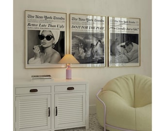 Set of 3 Trendy Newspaper Print – Girly Wall Art, Retro Dorm Room Decor, Black & White Newspaper Prints, Retro Newspaper Art, Apartment Art, image 1