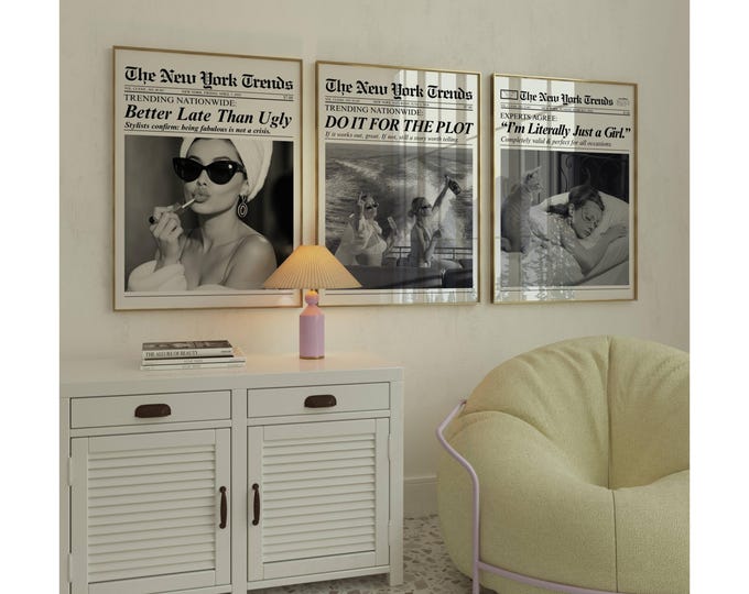 Set of 3 Trendy Newspaper Print – Girly Wall Art, Retro…