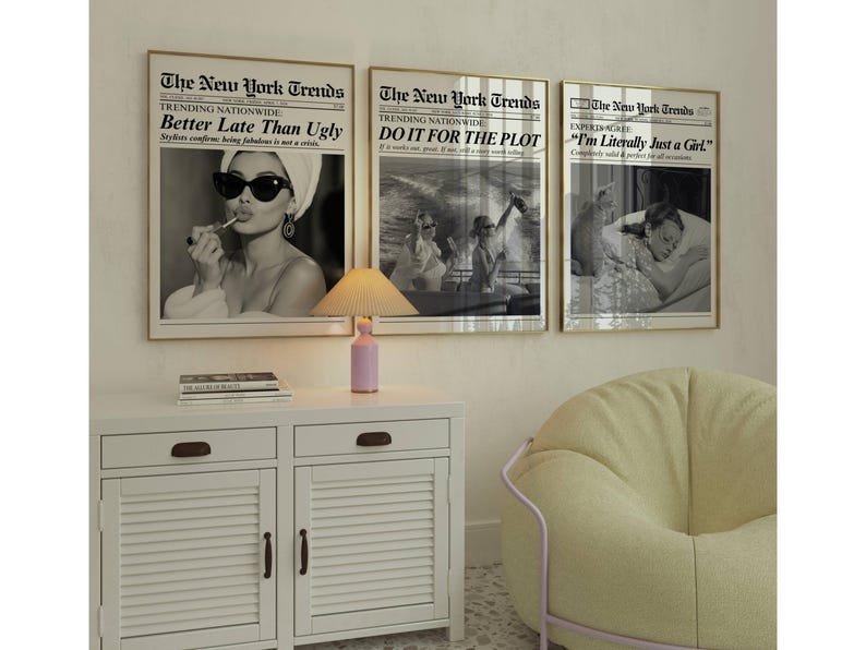 Set of 3 Trendy Newspaper Print