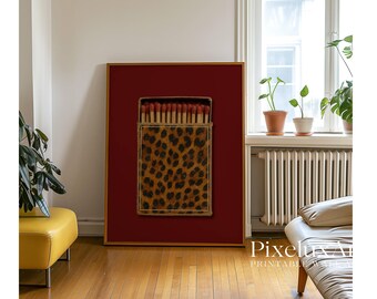 Retro Leopard Matchbox Art Print, Retro Wall Decor, Vintage Bar Cart Art, Funky Girly Print, Trendy Dorm Room Aesthetic Poster, Red Poster, image 6