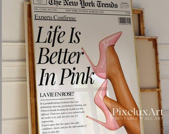Trendy Newspaper Print, Life is Better in Pink Wall Art, Vintage Newspaper Print, Preppy Pink Aesthetic Posters, Girly Retro Wall Art, image 5