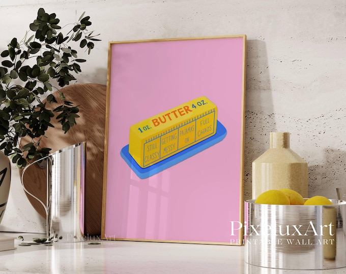 Pink Butter Wall Art Print, Cute Food Illustration for…
