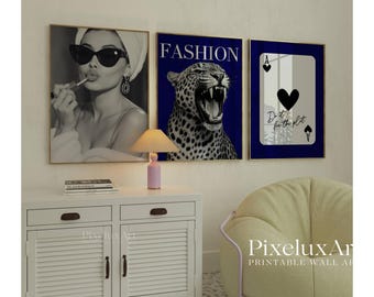 Navy Blue Set of 6 Trendy Gallery Wall Art, Aesthetic  Chic Apartment Decor, Trendy Leopard, Ace Card Print, Stylish Y2K Wall Art, image 4