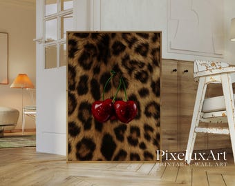 Cherry Leopard Wall Art | Red Glam Printable Poster | Girly Fashion Chic Decor | Coquette Leopard Print Aesthetic | Luxury Modern Print, image 3