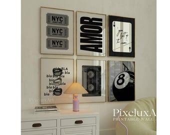 Set of 6 Trendy Black and White Gallery Wall Art, Aesthetic Chic Apartment Decor, 8 Ball, NYC, Ace Card, Amor Print, Stylish Y2K Collage Art, image 1