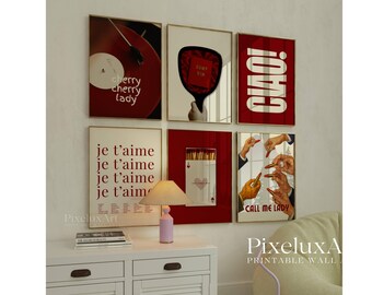 Set of 6 Girly Red Wall Art Prints - Feminine Aesthetic Poster, Vintage Matchbox, Typography, Vinyl Print, Trendy Dorm & Apartment Wall Art, image 1