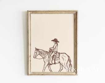 Cowgirl Wall Art | Western Minimal Line Drawing | Rustic Country Decor | Farmhouse Printable | Boho Western Poster, image 1