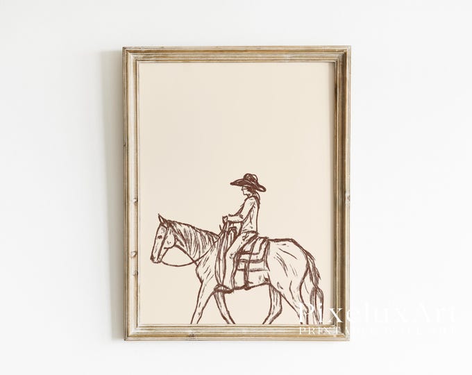 Cowgirl Wall Art | Western Minimal Line Drawing | Rustic…