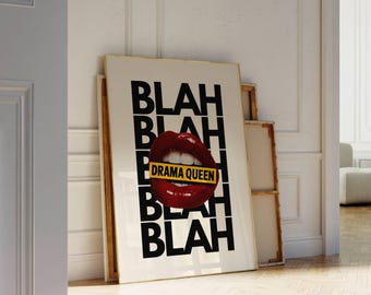 Red Lips Print, Bold Lips Wall Art, Pop Art Printable, Trendy Collage Poster, Blah Blah Wall Art, Red Eclectic Girly Wall Art, Funky Print, image 5