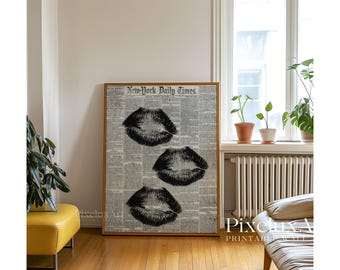 Newspaper Kiss Lips Wall Art, Trendy Black & White Girly Print, Aesthetic Bar Cart Decor, Preppy Poster, Vintage Retro Fashion Art, Dorm Art, image 7