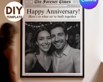 Couples Anniversary Newspaper Poster • Canva Template Newspaper • DIY Newspaper Print for 1st Anniversary Gift, Valentine's Day, Him, Her, image 1