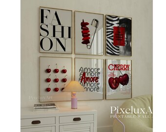 Red & Black Fashion Gallery Wall Art, Set of 6 Aesthetic Chic Apartment Decor, Trendy Fashion Collage Print, Stylish Y2K Wall Art, image 1