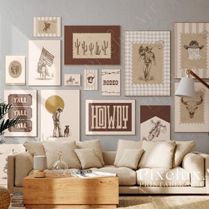May include: A collection of framed art prints with a Western theme, featuring cowboys, cacti, and the American flag. The artwork includes illustrations and text, creating a rustic and vintage aesthetic. The color palette is primarily brown, beige, and white.