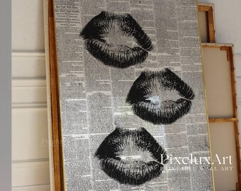 Newspaper Kiss Lips Wall Art, Trendy Black & White Girly Print, Aesthetic Bar Cart Decor, Preppy Poster, Vintage Retro Fashion Art, Dorm Art, image 4
