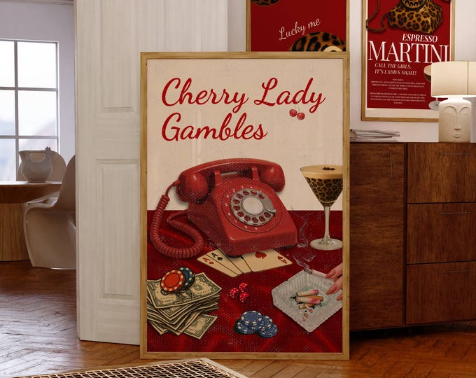 Retro Cherry Poster, Retro Red Bar Cart Wall Art, Preppy…
