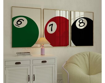 Set of 3 Pool Ball Print, 6, 7, 8 Ball Prints, Retro Game Room Print, Funky Vintage Print, Lucky Poster, Trendy Wall Art, 8 Ball Poster, image 3