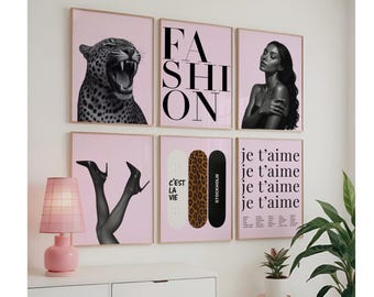Trendy Pink Black Gallery Wall Art, Set of 6 Light Pink Aesthetic Chic Apartment Decor, Trendy Fashion Leopard Print, Stylish Y2K Wall Art, image 1