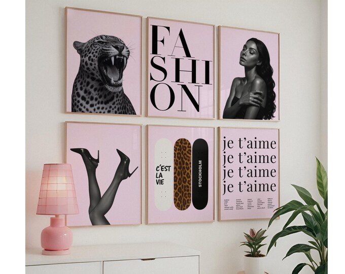 Trendy Pink Black Gallery Wall Art, Set of 6 Light Pink…