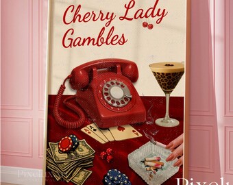 Retro Cherry Poster, Retro Red Bar Cart Wall Art, Preppy 70s Aesthetic Girly Prints, Vintage Apartment Dopamine Decor, Funky Poker Print, image 3
