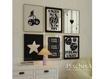 Black and White Gallery Wall Art Set of 6, Dice, Cherry Ball, Star, Ace Card Prints, Aesthetic Chic Apartment Decor, Stylish Fashion Print, image 1