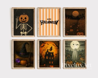 Halloween Wall Art Set of 6 – Spooky Pumpkin Skeleton, Haunted House, Ghost, Witch Hat, Full Moon, Vintage Halloween Decor Prints, image 1