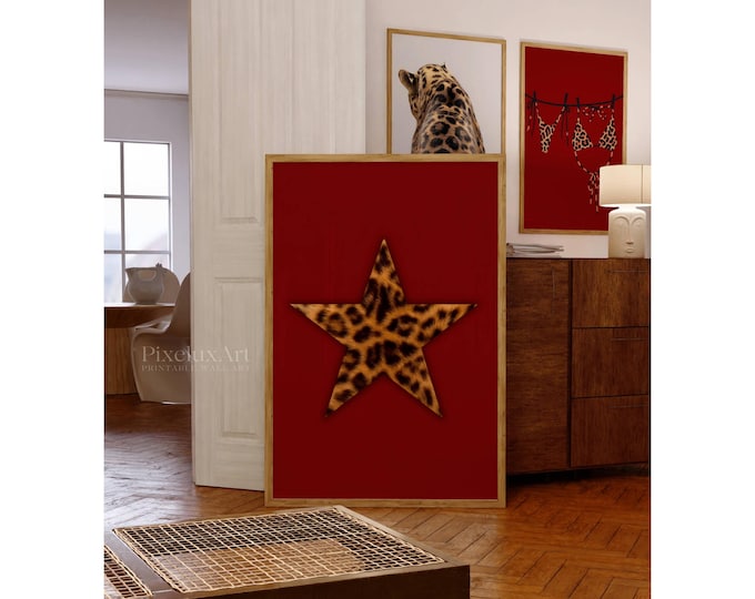 Retro Leopard Star Wall Art, Vintage Leopard Print, Red…