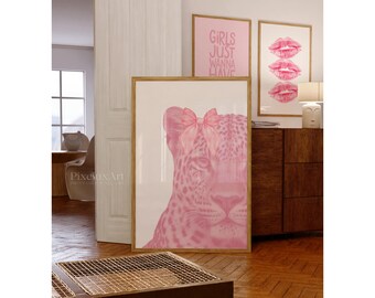 Pink Leopard Wall Art Set – Coquette & College Dorm Prints, Pink Kiss Lips, Girls Just Wanna Fun and Bikini Poster, Preppy Girly Wall Art, image 3