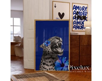 Navy Blue Poster Set, Leopard Wall Art, Amore Typography Prints, Blue Aesthetic Gallery Wall, Lips & Ace of Hearts Art, Fashion Chic Decor, image 6