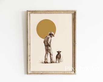 Cowboy and Dog Poster | Western Wall Art | Minimal Rustic Print | Country Home Decor | Modern Cowboy Artwork | Farmhouse Style