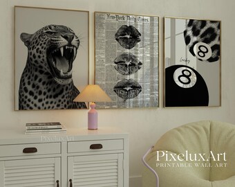 Black and White Leopard Wall Art Set, Fashion Poster Trio, Newspaper Lips & Lucky 8 Print, Modern Glam Printable Decor, image 3