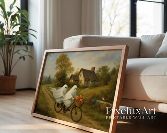 Ghosts on Bicycle Wall Art – Spooky Halloween Printable with Pumpkins, Vintage Cottagecore Haunted Fall Decor, Whimsical Ghost Print, image 4