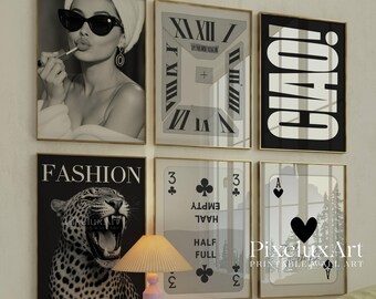 Set of 6 Trendy Black and White Gallery Wall Art, Aesthetic  Chic Apartment Decor, Trendy Leopard, Ace Card Print, Stylish Y2K Wall Art, image 9