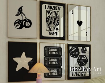 Black and White Gallery Wall Art Set of 6, Dice, Cherry Ball, Star, Ace Card Prints, Aesthetic Chic Apartment Decor, Stylish Fashion Print, image 9