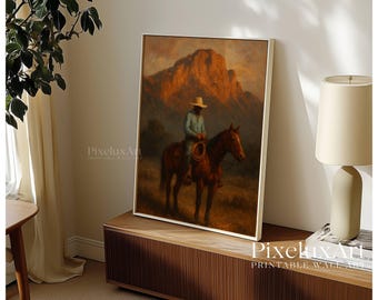 Vintage Western Cowboy Oil Painting Print – Moody Antique Wall Art, Earth Tone Southwestern Decor, Printable Mid Century Western Art, image 8