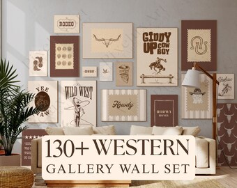 130+ Western-Galeriewand-Set, Cowboy-Wand-Kunst-Bundle, Rustikale Ranch-Dekor-Drucke, druckbare Poster des Country Rodeo, Bauernhaus im Süden