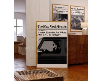 Trendy Newspaper Print, Woman Searches Men Audacity Retro Girly Wall Art, Dorm Room Poster, Magazine Newspaper Art Print for Girl Apartments, image 4