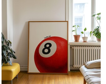 Lucky 8 Ball Print, Pool Ball Print, Vintage Game Room Decor, Luck Wall Art, Red Billiards Print, Pool Print, Retro Art, Funky Vintage Print, image 6
