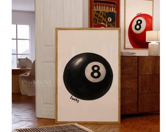 Lucky 8 Ball Print, Pool Ball Print, Vintage Game Room Decor, Luck Wall Art, Billiards Print, Pool Print, Retro Art, Funky Vintage Print, image 1