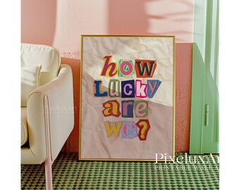 How Lucky Are We Print, Cutouts Letter Typography, Newspaper Background Wall Art, Vintage Aesthetic Poster, Trendy Home Print, Retro Art, image 5