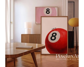 Lucky 8 Ball Print, Pool Ball Print, Vintage Game Room Decor, Luck Wall Art, Red Billiards Print, Pool Print, Retro Art, Funky Vintage Print, image 9