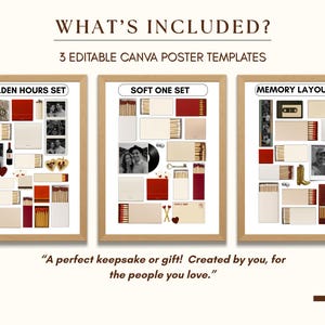 May include: Three printable Canva poster templates for creating a memory collage. Each template features a different layout with a mix of photos, matchboxes, and other decorative elements. The text "Golden Hours Set", "Soft One Set", and "Memory Layout Set" is displayed above each template.