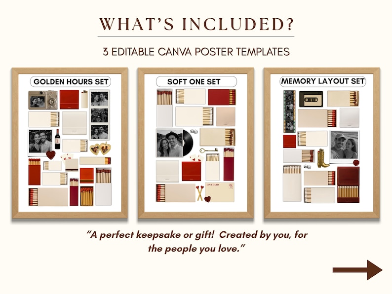 May include: Three printable Canva poster templates for creating a memory collage. Each template features a different layout with a mix of photos, matchboxes, and other decorative elements. The text "Golden Hours Set", "Soft One Set", and "Memory Layout Set" is displayed above each template.