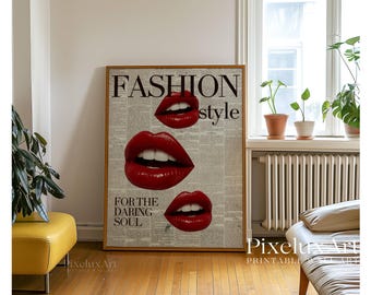 Fashion Newspaper Print, Red Lips Wall Art, Daring Soul Poster, Trendy Retro Wall Art, Girly Dorm Room & Vanity Decor, Printable Art, image 6