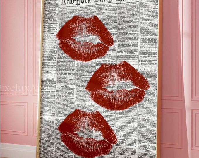 Trendy Newspaper Print, Red Kiss Lips Wall Art, Girly Bar…