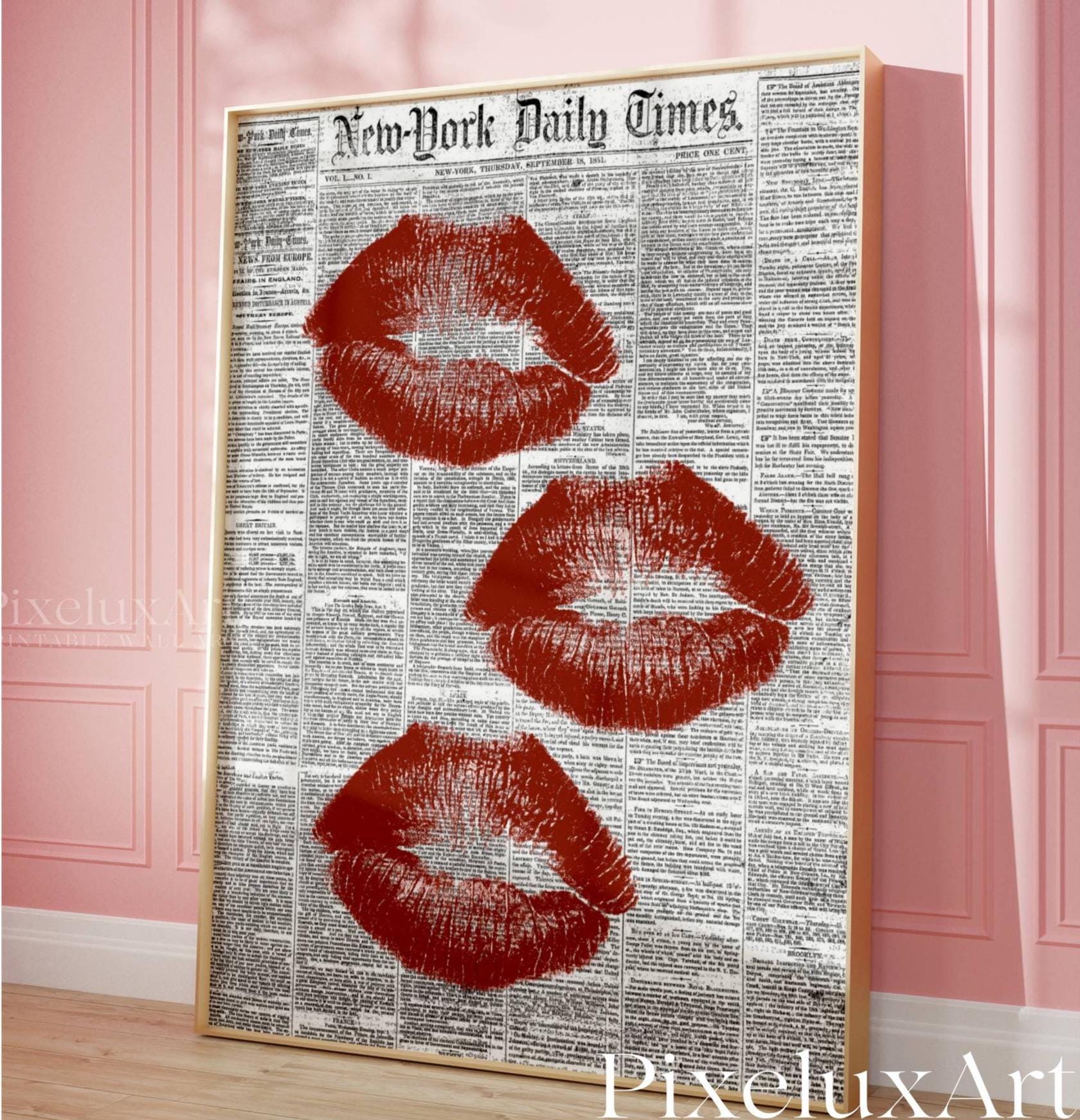 Trendy Newspaper Print, Red Kiss Lips Wall Art, Girly Bar Cart Decor, Black White Retro Poster, Preppy Aesthetic Home Decor, Dorm Room Art
