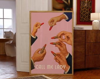 Retro Lipstick Print, Collage Wall Art, Funky Girly Wall Art, Vintage Pink Dorm Poster, Aesthetic Bar Cart Decor, Trendy Wall Art Print, image 1