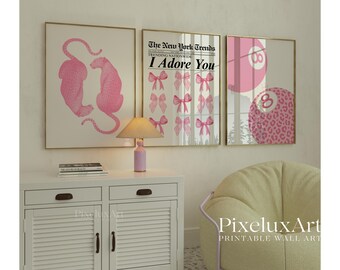 Pink Wall Art Set of 6, Y2K Aesthetic Prints, Girly Bedroom Wall Decor, Amor Poster, Bow & Lips, Leopard, Bikini Poster for Dorm Room Print, image 4