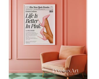 Trendy Newspaper Print, Life is Better in Pink Wall Art, Vintage Newspaper Print, Preppy Pink Aesthetic Posters, Girly Retro Wall Art, image 8
